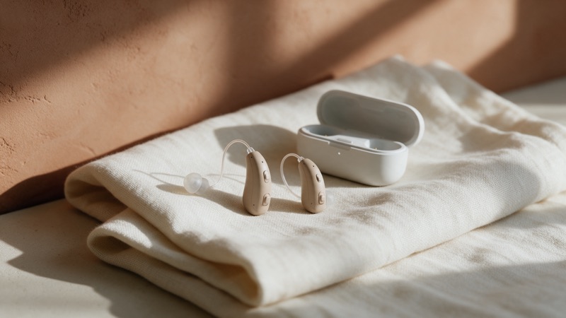 Deux appareils auditifs contour d'oreille posés sur un linge, à côté de leur boîtier de charge ouvert