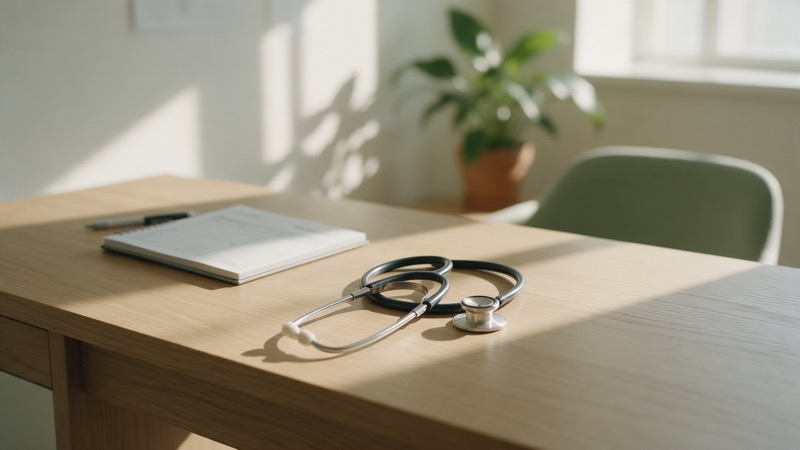 Stéthoscope posé sur un bureau de consultation en bois, à côté d'un agenda de rendez-vous