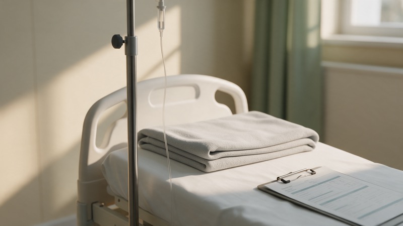 Lit de clinique au soleil, couverture grise pliée, pied à perfusion et dossier médical sur pince