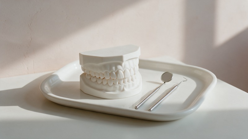 Moulage de mâchoire dentaire sur un plateau blanc, avec un miroir et une sonde de dentiste