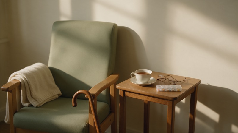 Fauteuil vert près d'une fenêtre, plaid en laine, canne en bois, tasse de thé, lunettes et pilulier sur une petite table