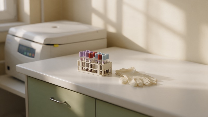 Paillasse de laboratoire avec un portoir de tubes de prélèvement à bouchons colorés, des gants et une centrifugeuse