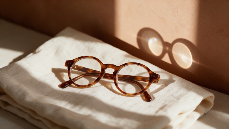 Lunettes en écaille posées sur un linge blanc, leur ombre projetée sur un mur terracotta