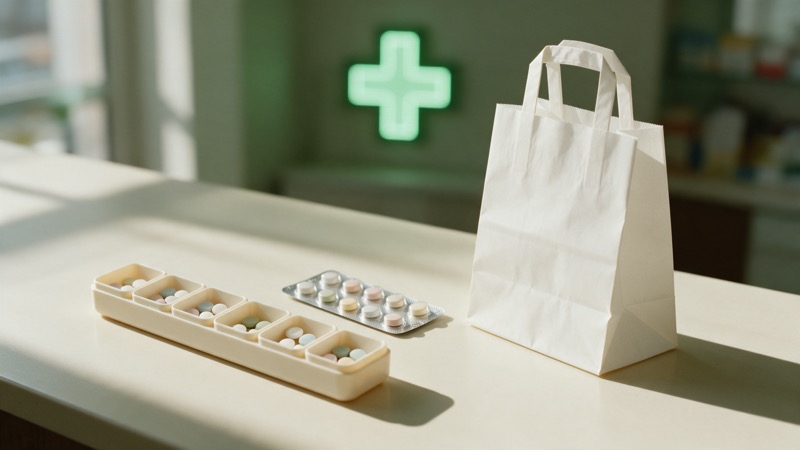 Pilulier, plaquette de comprimés et sachet blanc sur un comptoir de pharmacie, croix verte allumée au fond